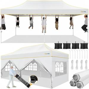 Hoteel 10x20 Pop Up Canopy Tent Heavy Duty with 6 Sidewalls, Waterproof Party Tent, Easy Set-up Commercial Instant Tents with Roller Bag & Sandbags, Hexagonal Leg