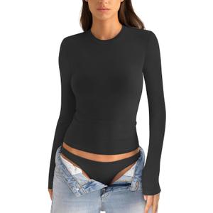Womens Cotton Long Sleeve Shirts Crew Neck Slim Fit Basic Going Out Crop Outfits for Spring Fall 2025 (X-Small, True Black)