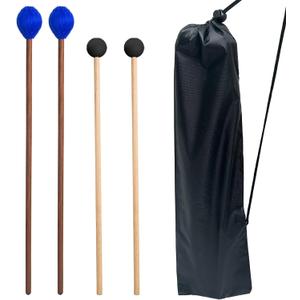 Drum Mallets Kit 2 Pairs Rubber and Yarn Marimba Mallets with Drumsticks Bag, Percussion instrument Accessories for Steel Drum, Bass, Cymbals, Glockenspiel, Xylophone Mallets for Beginners