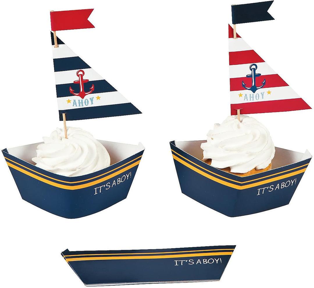 Nautical Baby Boy Shower Cupcake Collars and Cupcake Toppers Cupcake Picks Decoration Set - 50 Sets - Its a Boy Baby Shower Party Supplies - Nautical Baby Shower Decoration