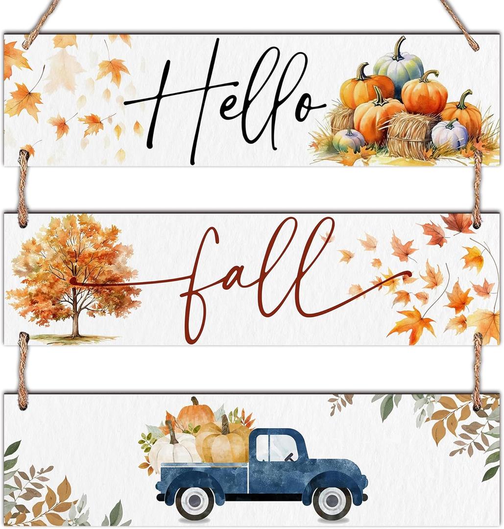 3Pcs Hello Fall Wooden Sign With Rope - Thanksgiving Funny Hanging Plaque For Front Door - Pumpkin & Maple Leaf Rustic Hanging Sign - Autumn Wall Art Decor For Home Room Office Outdoor Indoor -A03