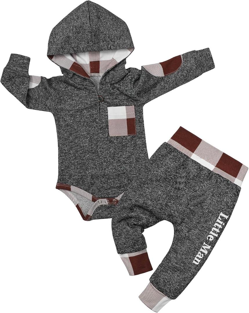 Fommy Newborn Baby Boy Clothes Plaid Letter Print Long Sleeve Hoodies + Long Pants 2PCS Fall Winter Outfits Set (Gray 3)
