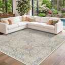 Hazo Haus Beige Blue Area Rug for Living Room - Square 8x8 Boho Rugs for Dining Room, Kids Room, Bedroom, Non Slip Washable Botanical Floral Décor (8x8 Beige Blue)