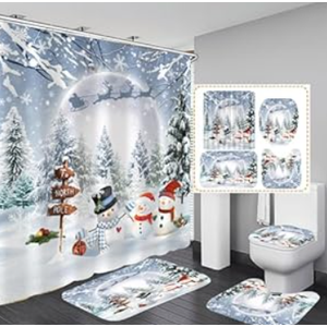 XSWPL Winter Christmas Shower Curtain Set Xmas Snowman Shower Curtain Decor Bathroom Sets with Rugs 4 Pcs Christmas Waterproof Bathroom Set with 12 Hooks