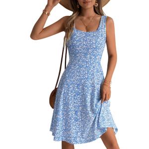 FENSACE Summer Dresses for Women Sleeveless Knee Length Floral Tank Dress (Blue, S)