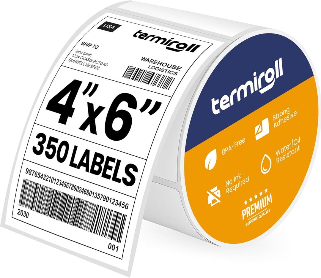 4x6 Thermal Shipping Labels Roll  350 Precision Cut Direct Thermal Labels, Commercial Grade Strong Adhesive, Compatible with Rollo, Zebra, MUNBYN & iDPRT Printers (White)