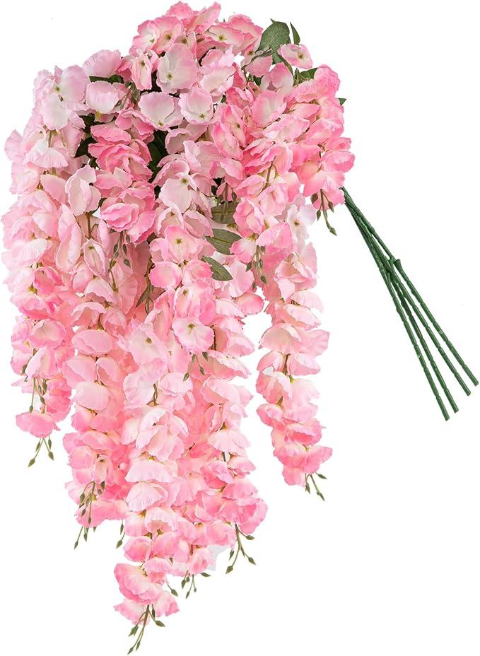 Lcuasc 4pcs Artificial Wisteria Flowers 37in Fake Wisteria Rattan Hanging Garland Silk Flowers String for Wedding Party Wall Home Decor(Pink)
