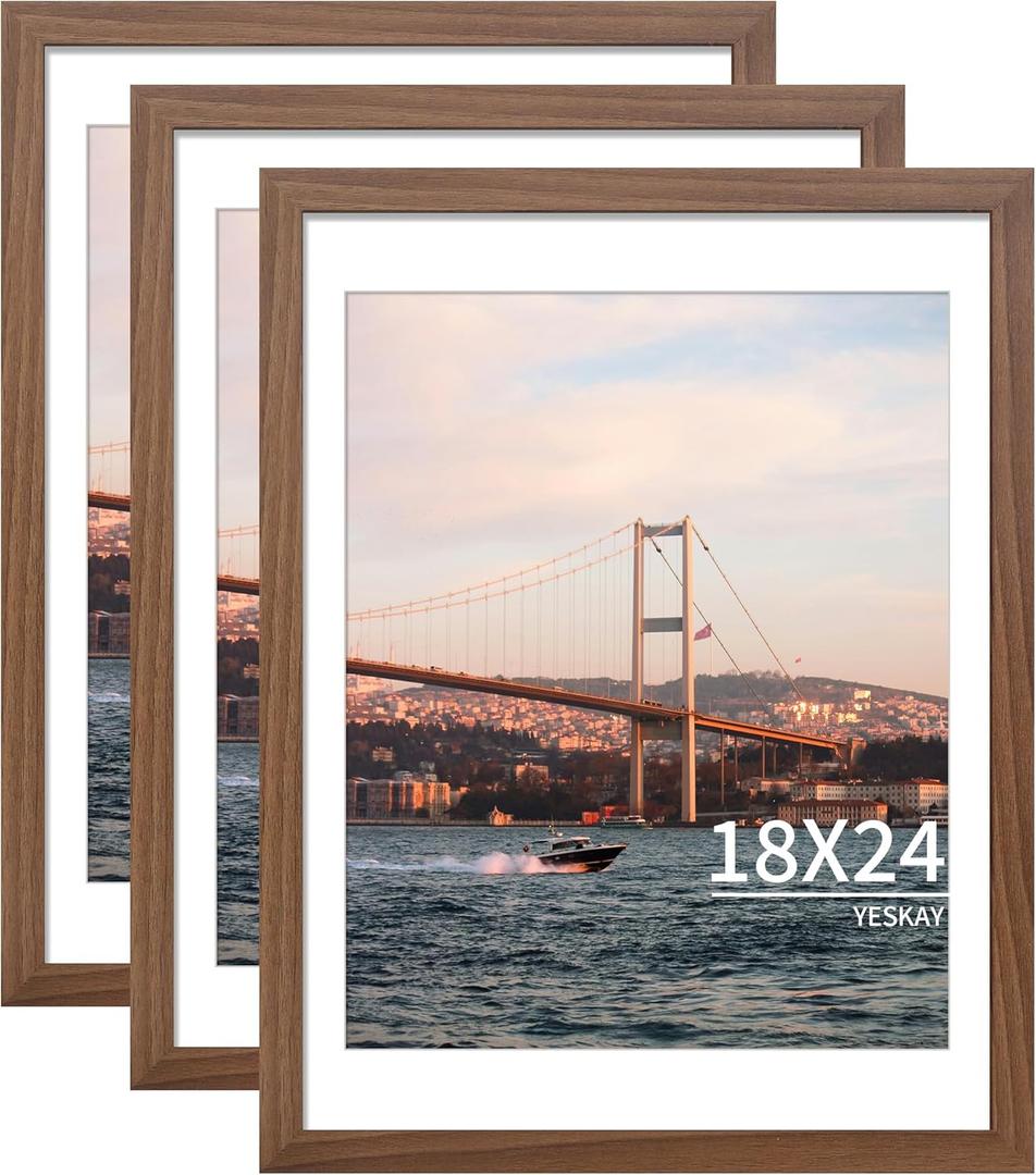 18x24 Picture Frame Brown Set of 3, Display Pictures 16x20 with Mat or 18 x 24 Without Mat, Poster Frames 18x24 for Wall Hanging Horizontal and Vertical
