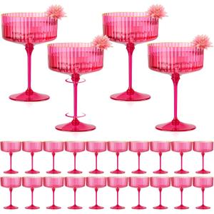 24 PCS Ribbed Coupe Glasses Hot Pink Plastic Champagne Coupe Cup 10oz Detachable Gold Rim Espresso Martini Glass Vintage Margarita Glassware Cocktail Glass Set for Valentine's Day Bachelorette Party