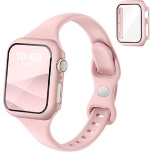 Thin Slim Band and Case Compatible for Apple Watch Bands Women Men 40mm 44mm 42mm 46mm 41mm 45mm, Silicone Sport Strap Cover and Screen Protector for iWatch Series 11/10/9/8/7/6/5/4/SE 3 (Pink)
