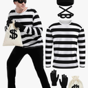 5 Pieces Halloween Costume Set, Men's Robber Costume Halloween Cosplay Burglar Accessories Striped Shirt for Adult Size XL
