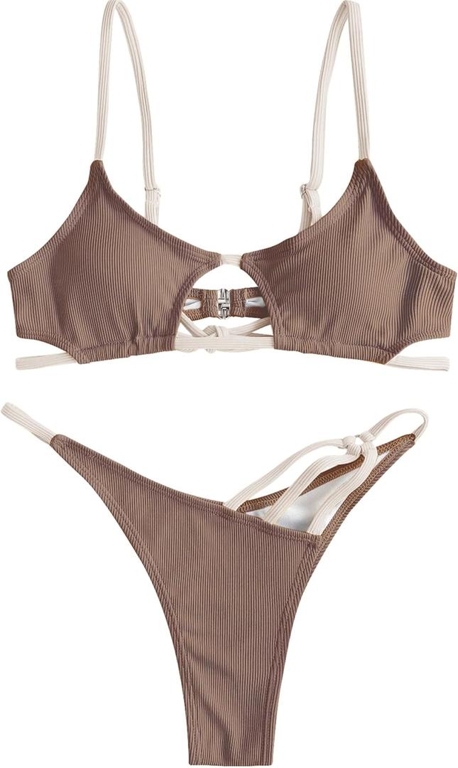 ZAFUL Women's Sexy Cutout Bikini Thong Bikini Set Tie Back Two Piece Swimsuit Bathing Suit (Medium, 2-coffee) 6