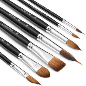 Watercolor Brush Set, Fuumuui 7pcs Professional Sable Paint Brushes with Extended Needle, Round Point, Flat, Dagger, Cat's Tongue for Watercolor, Acrylic, Gouache  Detail & Wash Painting (Black)