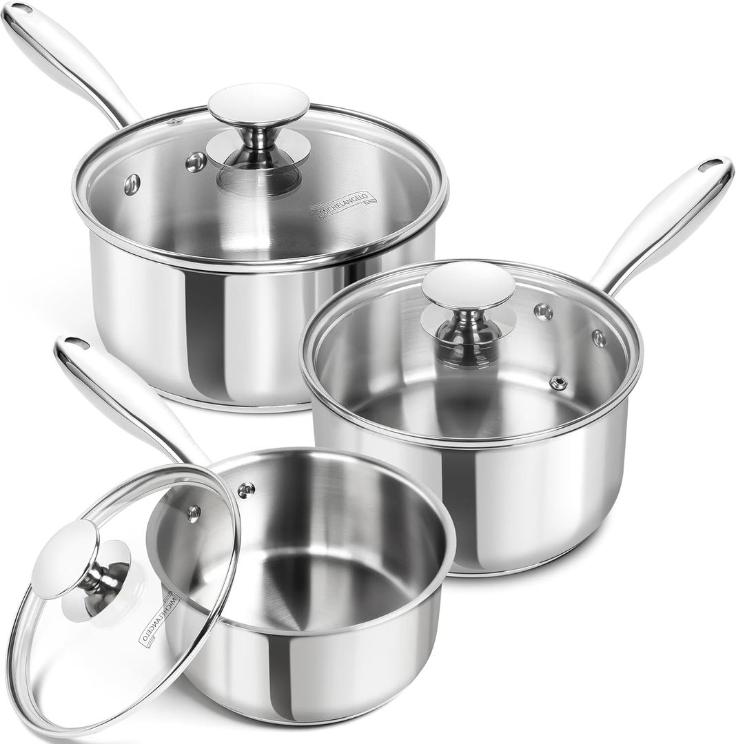 MICHELANGELO Stainless Steel Sauce Pan Set - 1, 2, 3 Qt Saucepans with Lids, Small Stainless Steel Pots for Cooking, Induction Compatible, Dishwasher & Oven Safe (1+2+3 Quart)