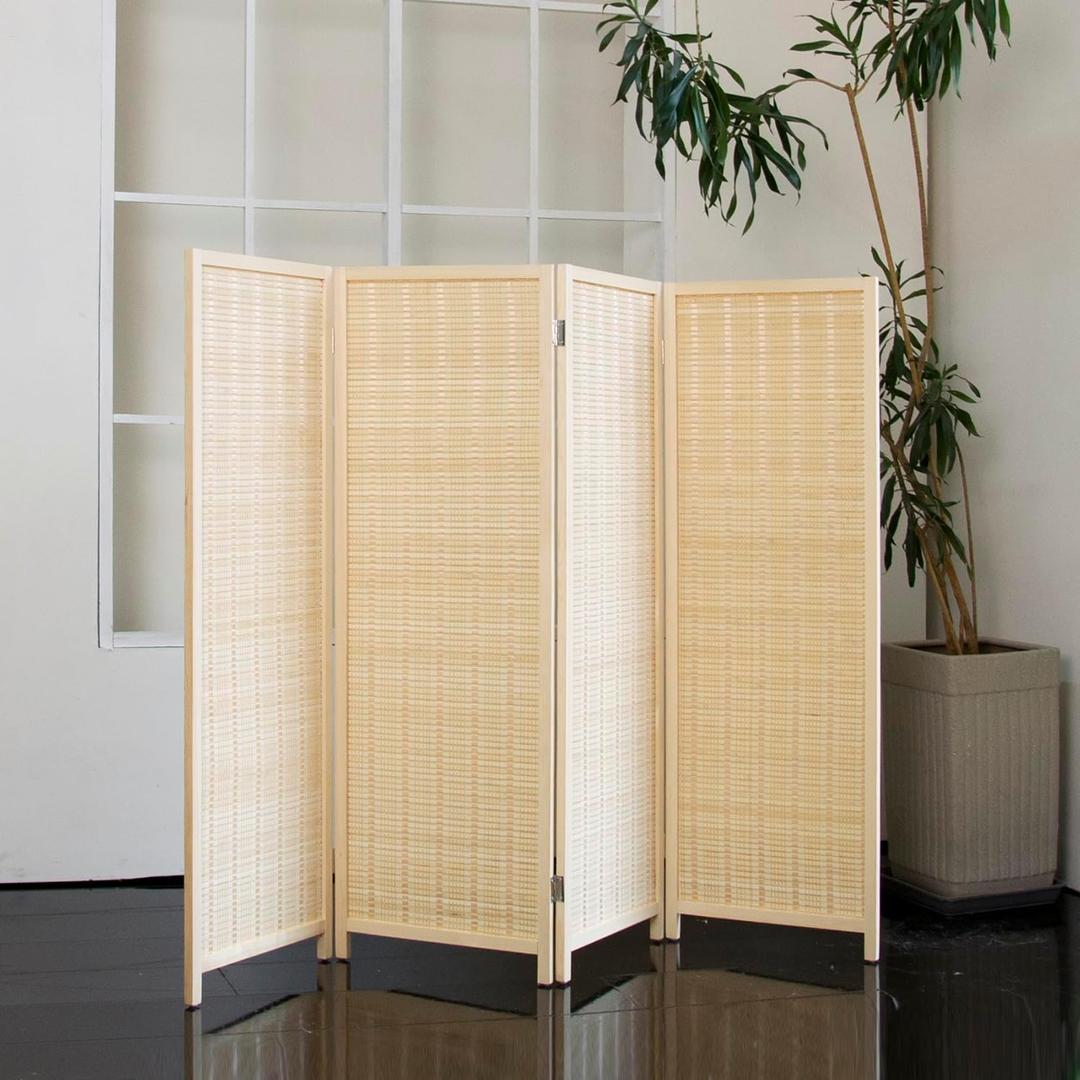 4 Panel Short Room Divider 3.9 ft Tall Double-Side Folding Privacy Screen, Natural Beige Bamboo Partition Wall for Home Office, Living Room & Corner Spaces