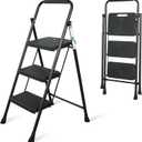 3 Step Ladder, Portable Steel Folding Step Stool with Wide Anti-Slip Pedal & Convenient Handgrip, 500lbs Sturdy Steel Ladder, Black