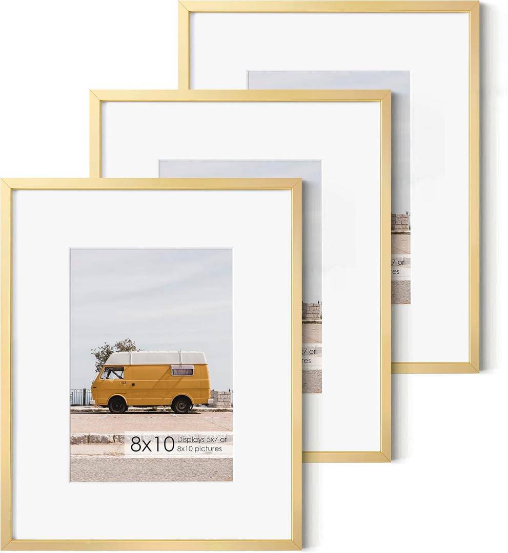 Fun Memories 8x10 Inch Metal Picture Frame - Aluminum Photo Frames - 5x7 Mat - Ideal for Wall or Tabletop Display - Wall Hook Hanging Hardware Included - Set of 3 - Glod