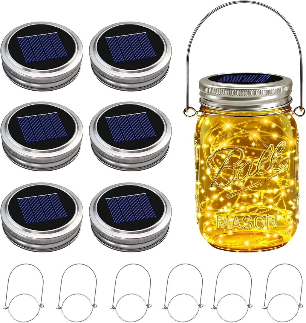 6 Pack Solar Mason Jar Lights for Outside, 30 LED Solar Mason Jar Lids Fairy Lights with 6 Hangers(No Jars) Outdoor Waterproof for DIY Patio Garden Yard Lawn Party Wedding Decoration Warm White
