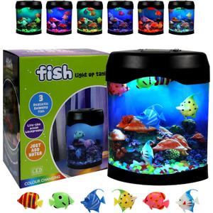 Toycol Glowing Fish Lamp Aquarium with 6 Color-Changing LED, 6 Moving Fake Fish & Realistic Ocean Scene - USB Powered Night Light for Bedroom, Office Decor, Relaxation Ideal Gift with Auto Shut-Off