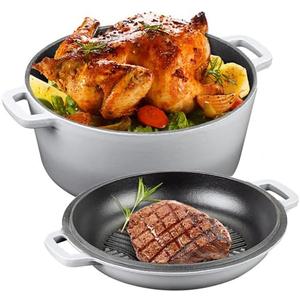 5Qt Dutch Oven, 2-In-1 Enamel Cast Iron Dutch Oven Pot with Skillet Lid, Heavy Duty Oven Safe Cookware for Sourdough Bread Baking Braising, Roasting Stewing Frying Simmering, Multi Stoves, Easy Clean (Gradient Grey)