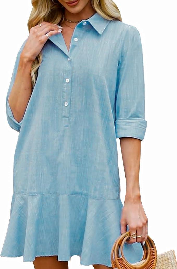 Women‘s Tunic Shirt Mini Dress Long Sleeve Cotton Short Dress Button Up Ruffle Hem Shift Dresses S