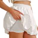 COZYPOIN Womens Bubble Skirt Boho Elastic High Waisted Cute Ruffle Puffy Balloon Shorts Y2K Going Out Mini Skorts Pockets (Medium, White)