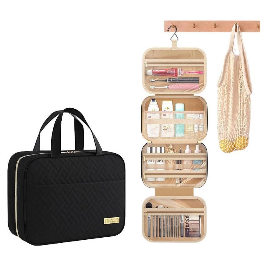 Travel Toiletry Bag with Waterproof Compartments and Hanging Hook-Black