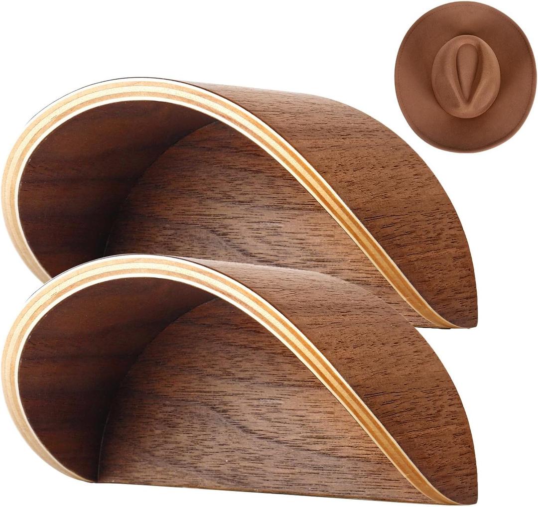 Cowboy Hat Rack for Wall,2 Pack Wooden Hat Holder,with Satin Finish Hat Hooks,Non-Damage Brim Design Can Keeps Original Shape of Hat, for Western Hat Organizer (Walnut Wood)