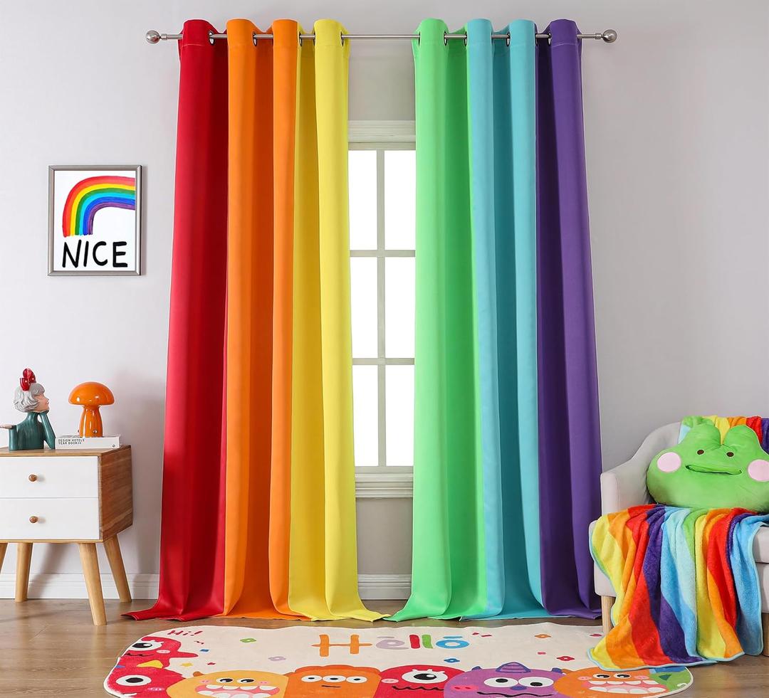 THOOO 2 Panels Rainbow Curtains Blackout Curtains 84 Inches Long for Bedroom Living Room Classroom Nursery Colorful Room Darkening Grommet Curtains Patchwork Red, Orange, Yellow, Green, Blue, Purple, 52"W x 84"L (Pack of 2)