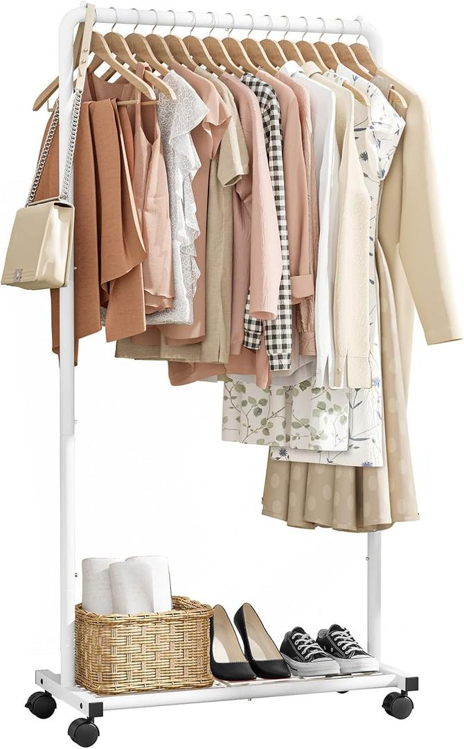 Clothes Rack - Clothing Rack with Storage Mesh Shelf & Casters, Heavy-Duty Metal Clothing Rack for Hanging Clothes, Dresses, Coats, Large Load Capacity, Easy Assembly, White, 28.0"x14.0"x59.0"