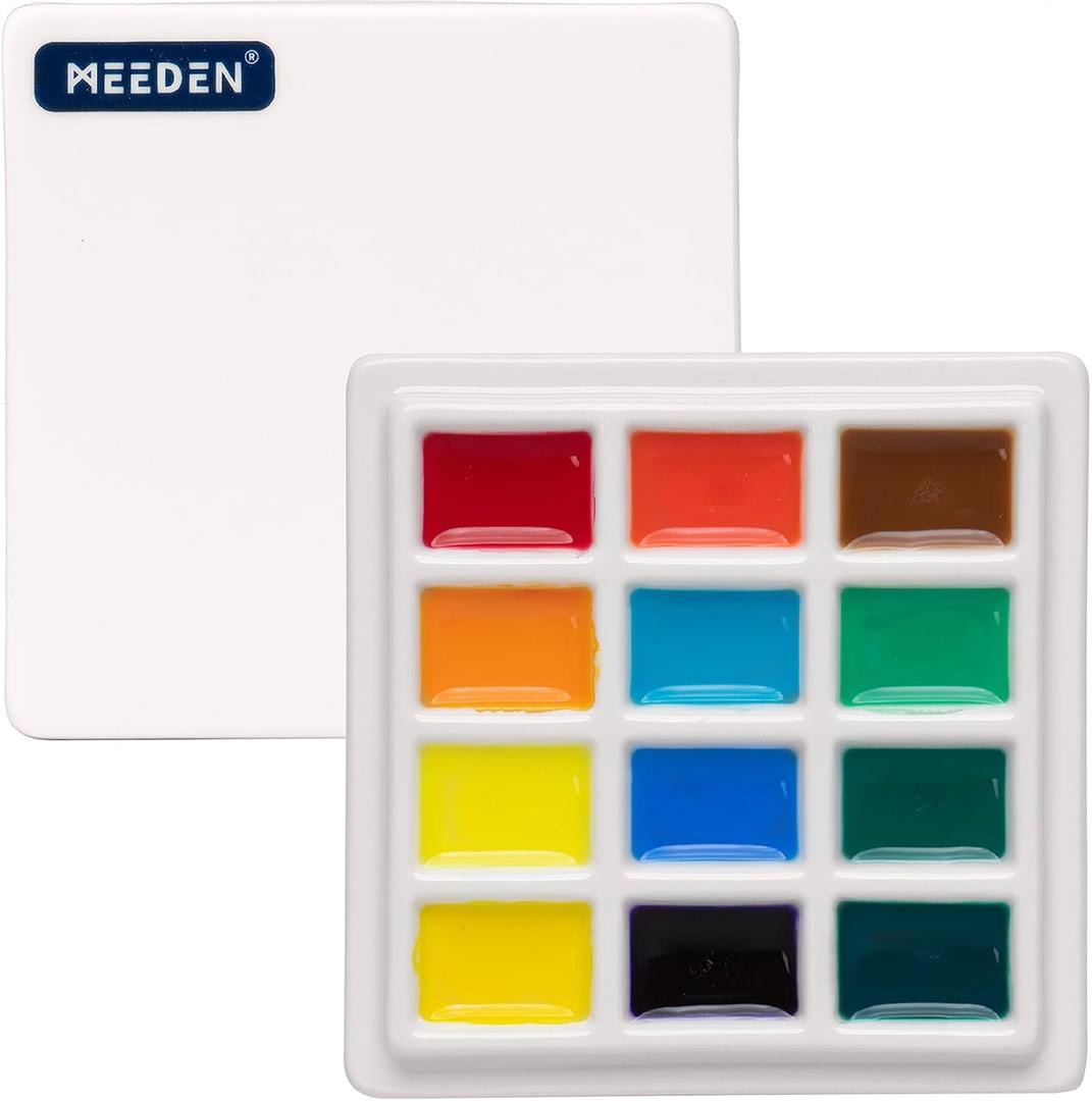 MEEDEN Ceramic Watercolor Palette with Cover, 12-Well White Porcelian Mixing Tray Artist Painting Palette with Lid, Square Painting Tray Palettes for Watercolor Gouache Acrylic Painting, 3" x 3"