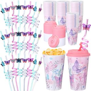 Yungyan 36 Sets Butterfly Party Favors Goodie Cups with Lids and Straws for Birthday Decorations Reusable 16oz Plastic Candy Cups Plastic Straws for Birthday Party (Butterfly)
