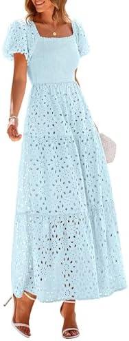 PRETTYGARDEN Summer Dresses for Women 2025 Eyelet Square Neck Puff Sleeve Smocked Wedding Guest Maxi Dress with Pockets, Size Large
