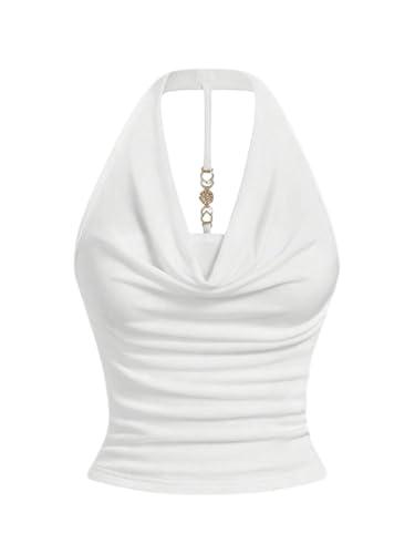 Milumia Women Ruched Halter Y2k Crop Tops Backless Cowl Neck Sleeveless Shirts White Medium