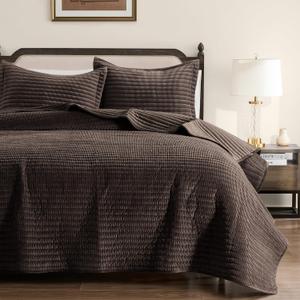 WDCOZY Velvet Queen Size Quilt Set - Chocolate Striped Soft Lightweight Bedspread, Dark Brown Neutral Ribbed Farmhouse Country Rustic Coverlet, Coffee Modern Bedding Warm Thin Comforter, 3 Pieces (Full/Queen (90"x90"))