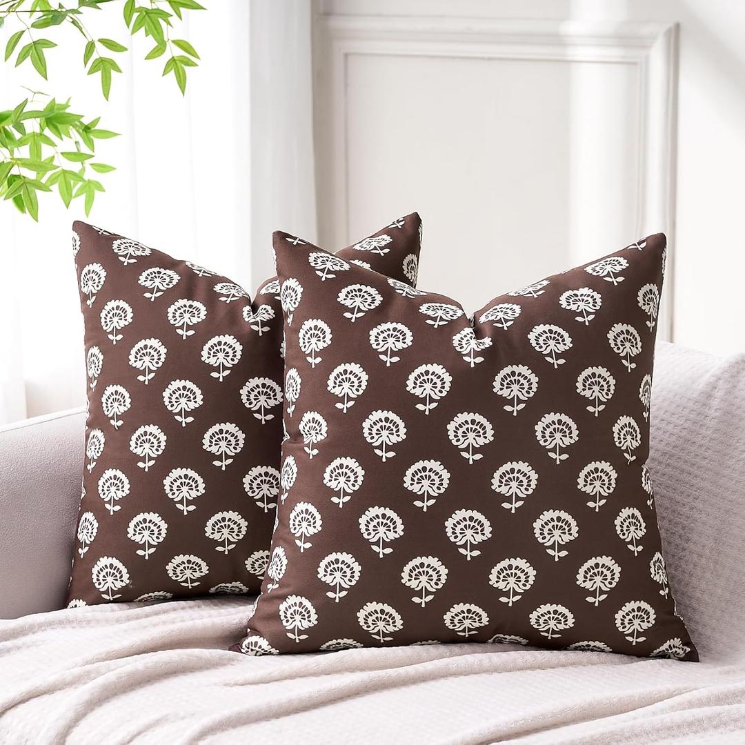 Neutral Floral Throw Pillow Covers 18x18 Vintage Farmhouse Cushion Covers Boho Home Decor for Sofa Chair Couch Throw Pillows for Living Room Bedroom Accent Brown Velvet Floral Pillowcases Set of 2