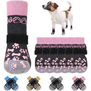 KOOLTAIL Anti Slip Dog Socks for Hot/Cold Pavement to Prevent Licking Paws, Dog Boots&Paw Protector with Grippers for Hardwood Floors,Traction Control No Twist Booties for Dogs M (Pink with Woof Pattern)
