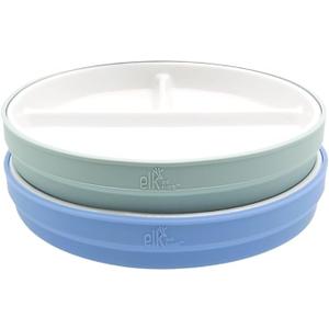 Elk and Friends Kids 7.8” Porcelain White Plates with Silicone Sleeves | Divided Plates | Suitable for Kids/Toddlers | Microwave & Dishwasher Safe | Non Slip | Snack Dishes, Sage/Misty Blue