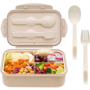 LOVINA Bento Box for Adults and Kids - 1400ML Portable, Lightweight, Easy to Carry Meal Holder with Spoon & Fork, Durable, Leak-Proof, BPA-Free and Food-Safe Materials (Khaki)