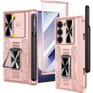 VEGO for Galaxy Z Fold 6 Case, with [S Pen Holder][Hinge Protection][360-degree Rotating Kickstand][Slide Camera Cover][Front HD Screen Protector] Protective Cover for Samsung Z Fold 6 - Rose Pink