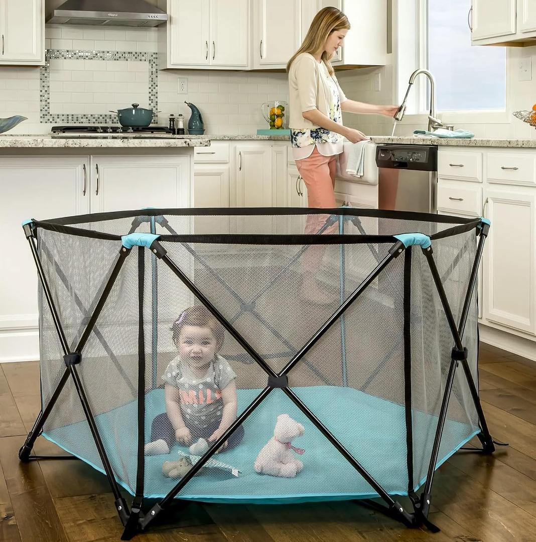 Regalo Safety My Play Portable Baby Playpen & Play Yard, Foldable 6-Panel Indoor Outdoor Playpen for Babies & Toddlers, Mesh Sides, Washable Fabric, 48, Aqua/Black