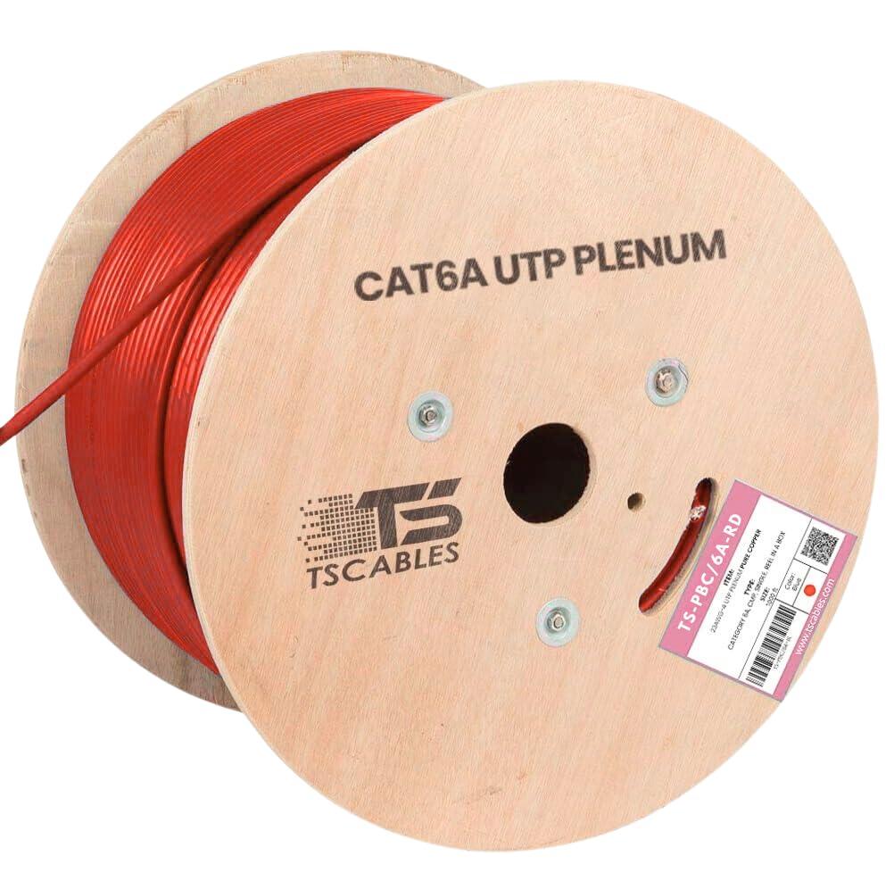 TSCables | Cat6A Plenum (CMP) 1000ft, 750MHz, PoE++ (4PPoE) | 100% Solid Bare Copper | 23AWG Unshielded Twisted Pairs (UTP), (Red, 1000ft)