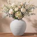 7" Short White Ceramic Vase, Small Farmhouse Ribbed Table Decor