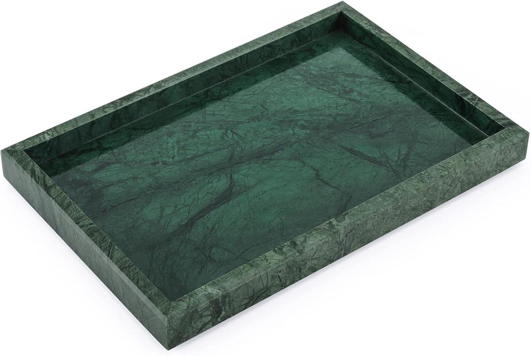 Marble Bathroom Vanity Tray, Natural Luxury Vanity Home Kitchen Bathroom Table Tray, Stone Decorative Countertop Dresser Trays for Key Coffee Perfume Jewelry Makeup (Blackish Green, 12" x 8" x 1.2")