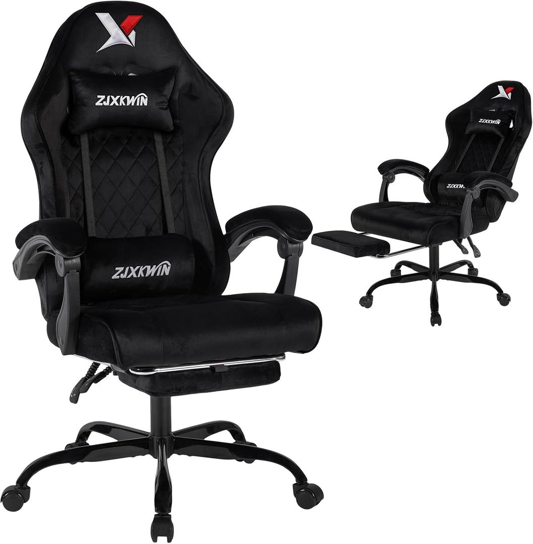 Velvet Gaming Chair, Ergonomic High Back Racing Chair with Footrest, Spring Wide Cushion, Adjustable Headrest & Lumbar Support, 90-135 Recline, 360 Swivel, 300lbs for Home Office, Black