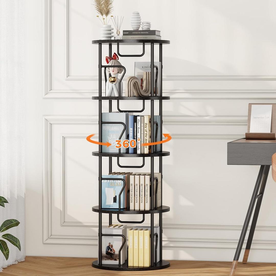 4 Tier Rotating Bookshelf Tower, 360 Display Round Bookcase, Floor Standing Corner Revolving Bookshelf Organizer Storage Rack for Small Spaces, Home Study Office, Black
