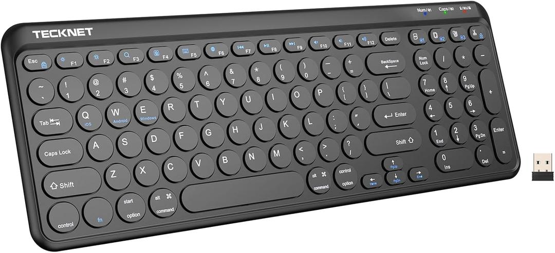 TECKNET Wireless Keyboard Bluetooth & 2.4G USB, Up to 4-Device Connection, USB C Rechargeable Battery, Quiet Typing, Compact Layout, 7 Ergonomic Tilt, Compatible with Windows/Android/iOS, Black