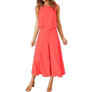 ROYLAMP Women's Summer 2 Piece Outfits Round Neck Crop Basic Top Cropped Wide Leg Pants Set Jumpsuits (Bright Orange) S