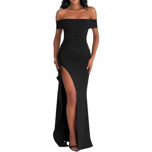 LAGSHIAN Women's Elegant Bodycon Off Shoulder Sleeveless High Split Ruched Long Formal Evening Dress (Black, L)