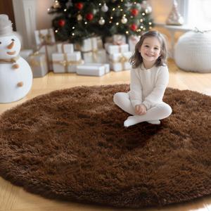 Amdrebio Dark Brown Round Circle Rugs 5Ft for Bedroom, Fluffy Shag Plush Area Rugs for Kids Room, Living Room Decor Aesthetic, Fuzzy Fur Floor Chocolate Coffee Carpet for Playroom Dorm Baby Nursery